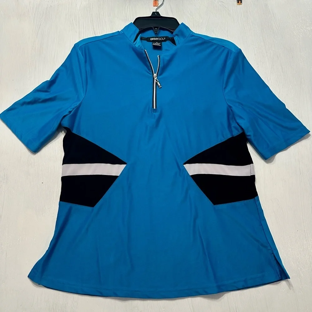 DKNY Golf Women’s Blue Short Sleeve Zip Polo Shirt Size M Athletic Stretch - Picture 1 of 8